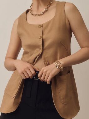 Anthropologie Tan Sleeveless Button Front Vest